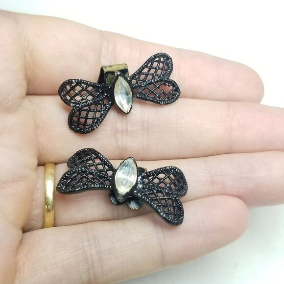 Vintage Black Rhinestone Bow Wing Shape Shoes Dress Clips, Retro 60s 70s style - Picture 3 of 5